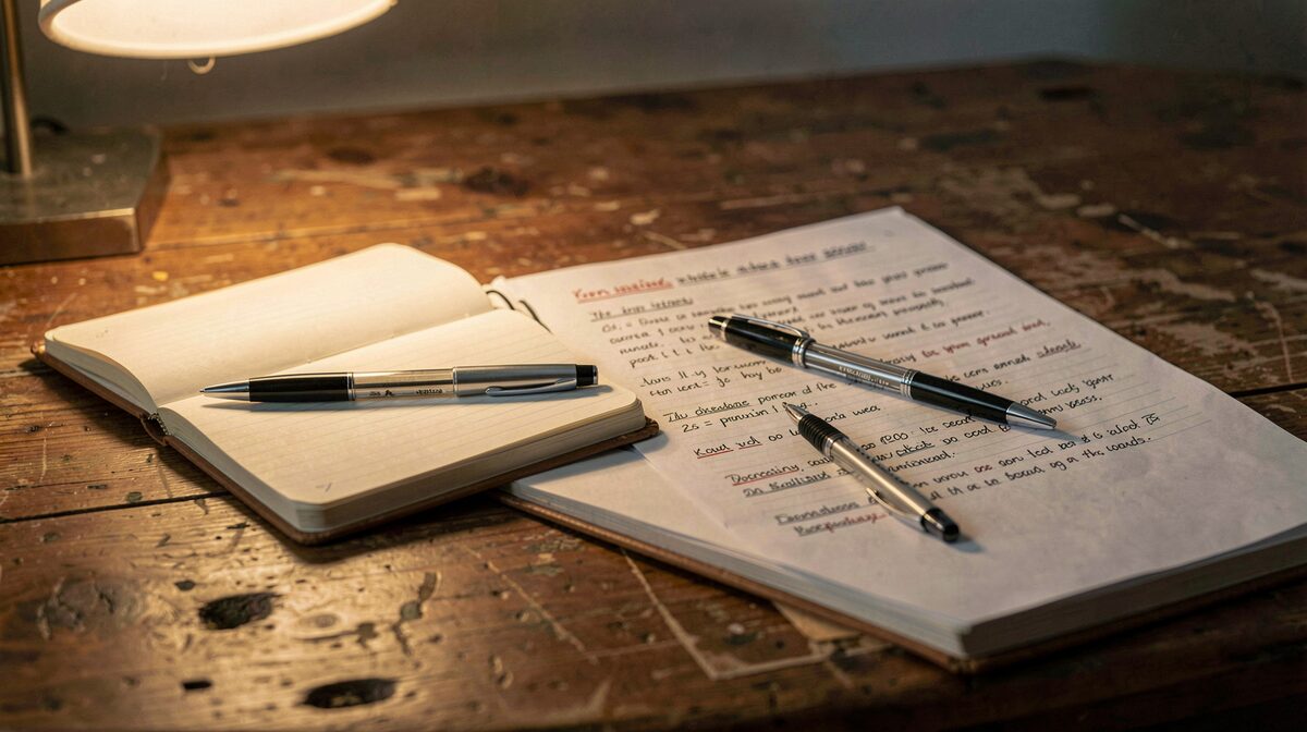 A worn wooden desk in evening lamplight, an open kennel notebook beside a printed page of study notes, a pen resting across both, framed close.
