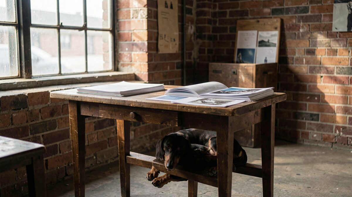 A small editorial desk with folded printed sheets, a Dachshund resting under it, morning light across a brick warehouse window frame.
