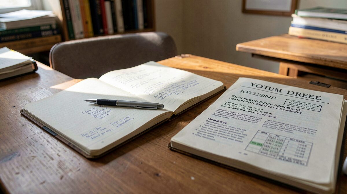 A wooden desk in a modest editorial office, an open kennel notebook beside a printed youth program journal, morning light across the pages, close framing on pen and margin notes.