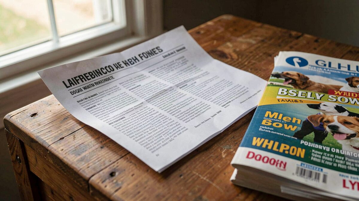 A folded community newsletter lying on a wooden whelping box lid beside a dog show catalogue, afternoon light through a window, close framing on the printed column headings.