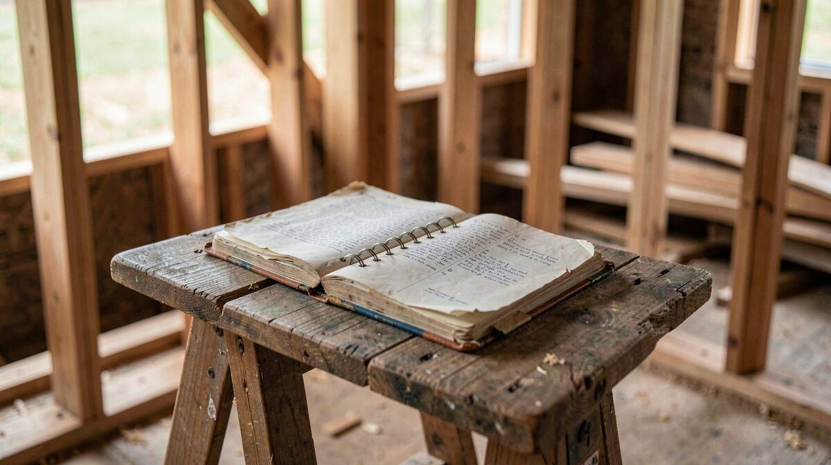 A worn paper site diary lying open on a sawhorse in a half-built timber frame, morning light through the studs.