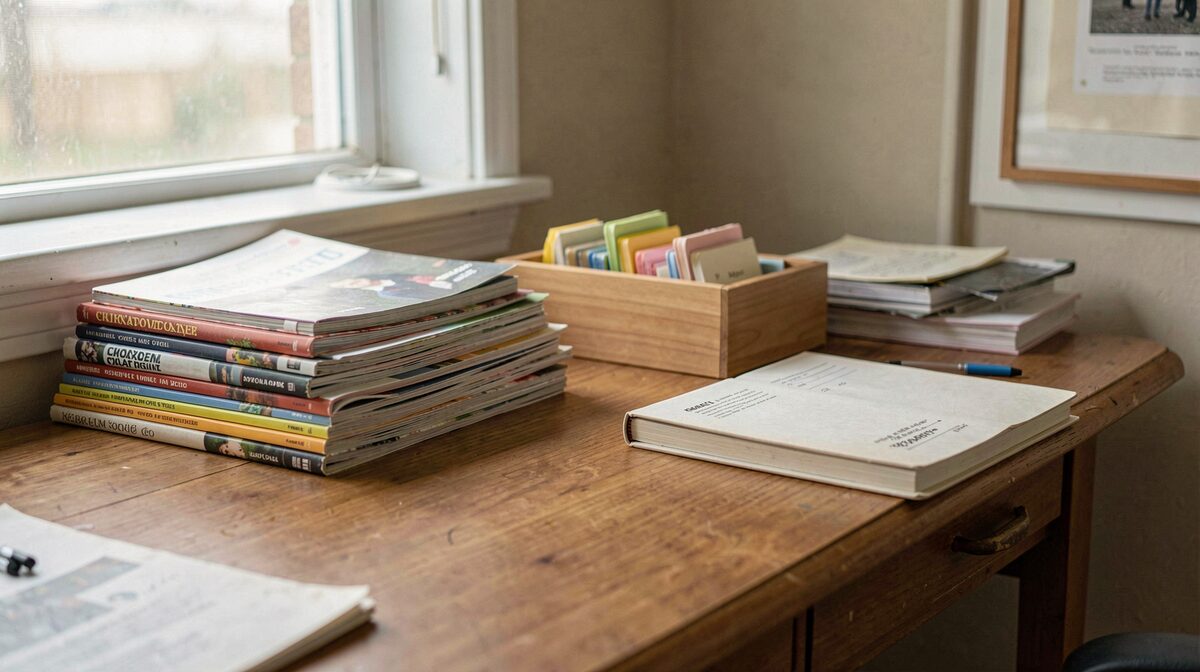 A wooden desk in a small editorial office with stacked stapled magazines, a numbered index card box, a whelping notebook at the edge, morning window light, square framing.