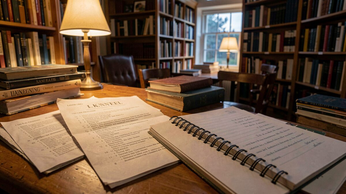 A cluttered archive reading room at dusk, an open link-directory printout beside a spiral-bound kennel notebook, warm lamplight, close crop on the paper grain.