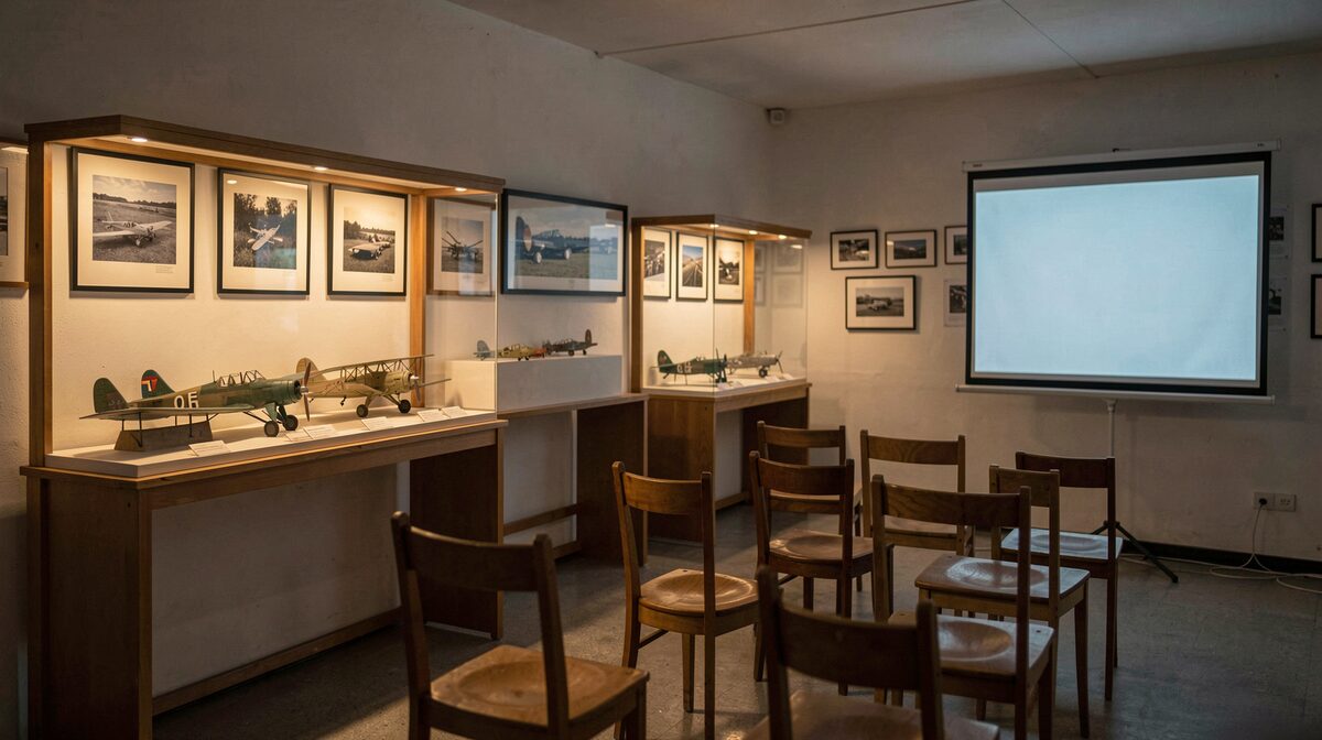 Two quiet exhibition rooms of a small air museum in the evening, model aircraft in cases under warm lamplight, framed photographs on the wall, empty wooden chairs facing a screen.