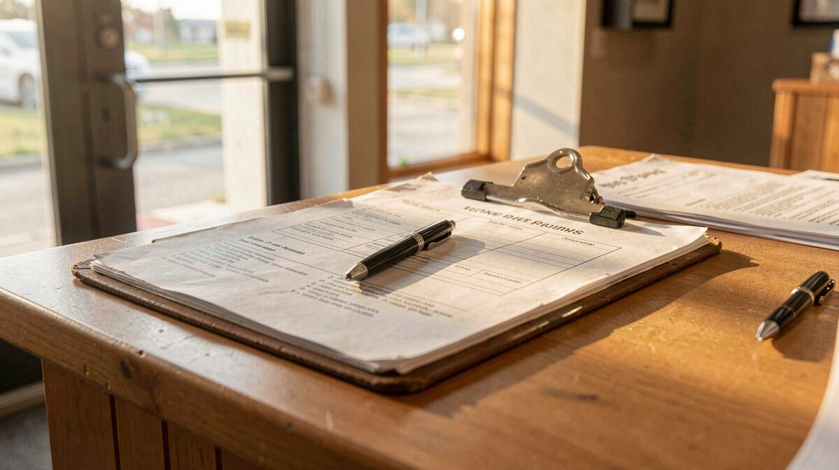 A worn clipboard with printed intake forms resting on a veterinary reception counter, warm morning light from a glass door, close framing with a pen in the foreground.