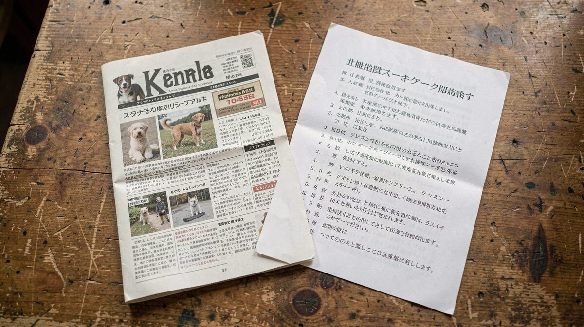 A wooden editorial desk in daylight with a folded kennel newsletter beside a printed Japanese glossary page, shot from above